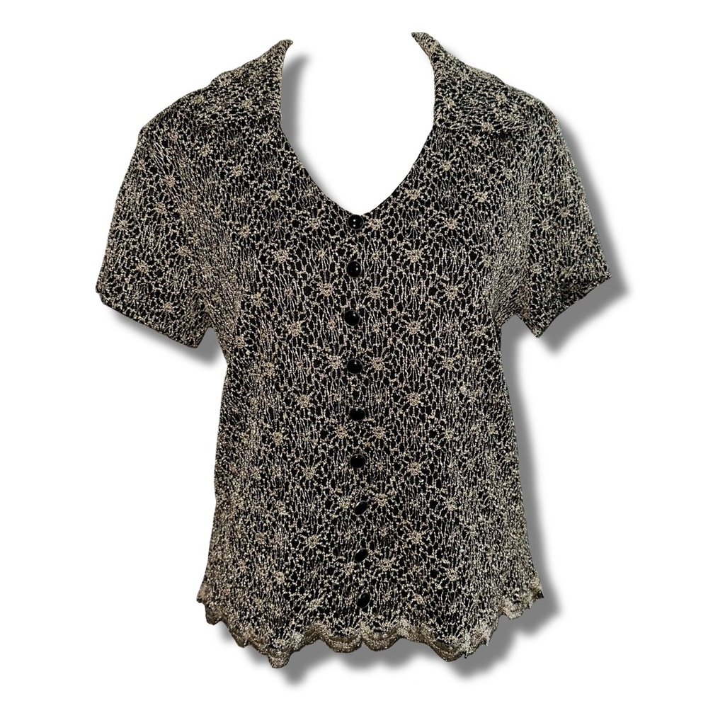 Vtg 90s Stretchy Floral Lace Collared Top